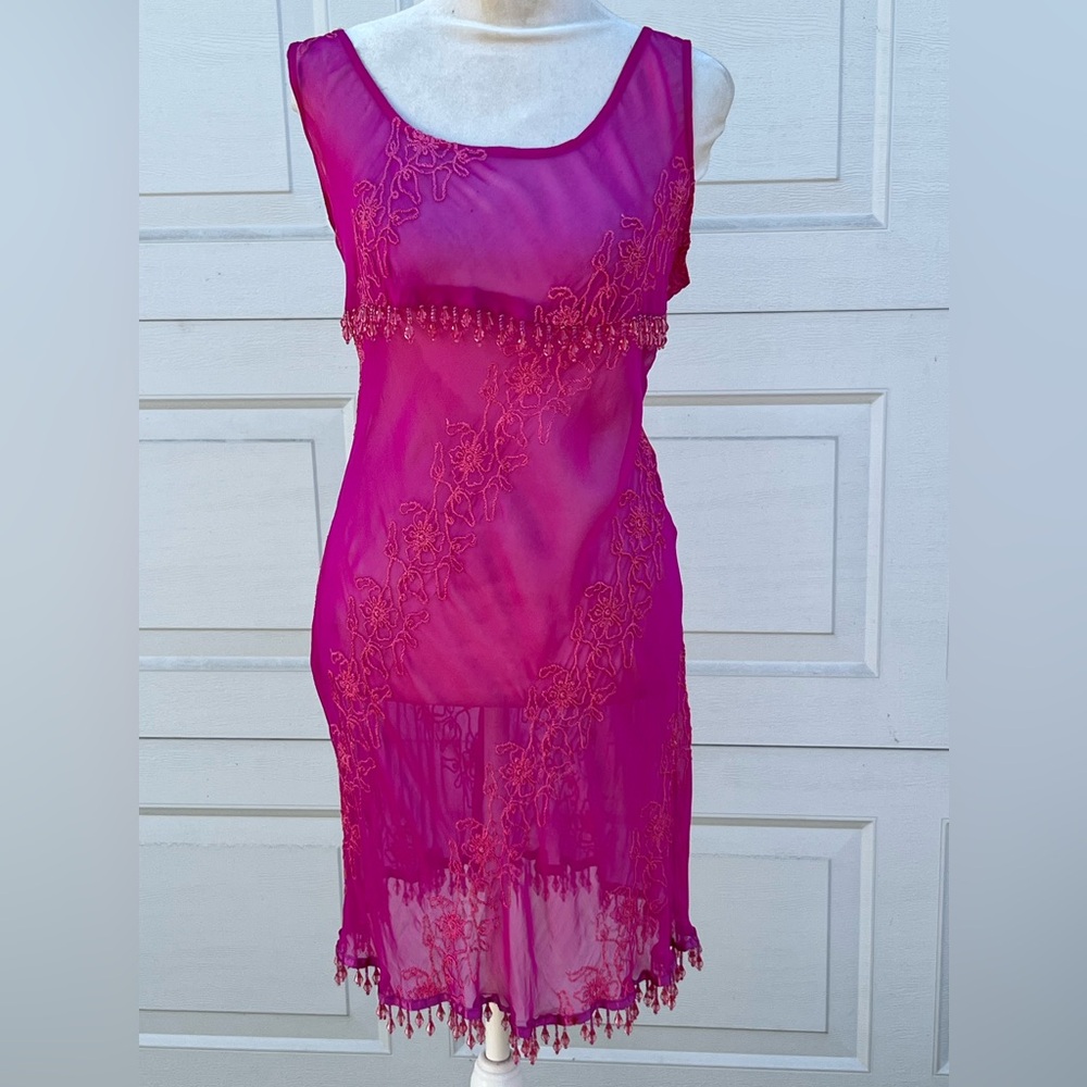 Women's Betsey Johnson pink sheer embroidered beaded hem pull on  dress M
